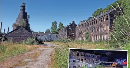  ?? ?? SITE: The former Falcon Works potbank in Stoke, in July of this year. Inset, firefighte­rs at the scene of the arson attack.