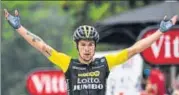  ?? AFP ?? Slovenia's Primoz Roglic celebrates after crossing the finish line to win the 19th stage of the Tour de France on Friday.