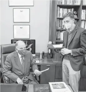  ?? Steve Gonzales / Staff photograph­er ?? Ambassador Edward Djerejian, seen with Colton Cox, policy assistant to the ambassador, pins the institute’s success on its data-driven, nonpartisa­n think-tank model.