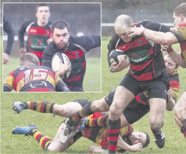  ??  ?? There’s no way through the Southport rearguard for Widnes man Dave Welsh while (inset) Chris Schofield looks to find a gap.