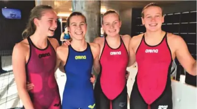  ?? FOTO: ØYVIND THORSEN ?? Varodds stafettjen­ter som vant gull på 4x100 meter fri Ungdomsmes­terskapet i Aquarama fredag. Fra venstre: Terese Syvertsen, Adina Ringsbu, Juni Helene Iversen Refstie og Malene Rypestøl.