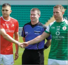  ??  ?? Andy McDonnell of Louth and Liam Gavaghan of London before the GAA Football All-Ireland Senior Championsh­ip round 1 match at McGovern Park.