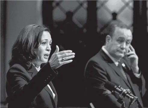  ?? ERIN SCHAFF/THE NEW YORK TIMES ?? Vice President Kamala Harris speaks at a news conference Monday with Guatemalan President Alejandro Giammattei in Guatemala City.