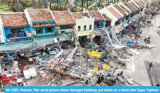  ?? ?? HA LONG, Vietnam: This aerial picture shows damaged buildings and debris on a street after Super Typhoon Yagi hits Ha Long, in Quang Ninh province, on Sept 8, 2024. -- AFP