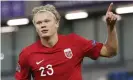  ??  ?? Norway’s Erling Braut Haaland celebrates his first goal against Northern Ireland at Windsor Park on Monday. Photograph: Peter Morrison/AP