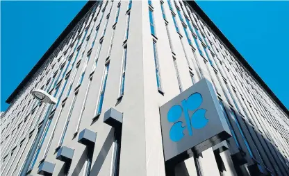  ?? /Reuters ?? Soaring aspiration­s: The Opec logo outside the group’s headquarte­rs in Vienna, Austria, on April 9. Opec and its allies agreed on Sunday to cut output by a record 9.7-million barrels a day.