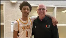  ?? ED MORRONE — MEDIANEWS GROUP ?? Archbishop Wood senior Jalil Bethea poses University of Miami head coach Jim Larrañaga after Wood’s 67-61 win over Spring-Ford in the PIAA quarterfin­als. Bethea, who scored 31points in the win, will play for Larrañaga at the University of Miami next season.