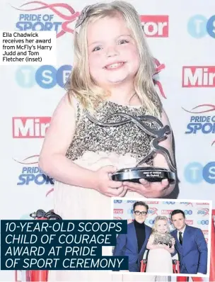  ??  ?? Ella Chadwick receives her award from McFly’s Harry Judd and Tom Fletcher (inset)