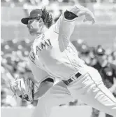  ?? MARK BROWN/GETTY IMAGES ?? Marlins’ starter Dillon Peters pitched six shutout innings on Sunday and struck out two.