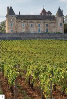  ??  ?? 1. Le château de Rully domine le vignoble éponyme depuis le XIIIe siècle. Il appartient à la même famille depuis plus de huit siècles.
2. Maisons à colombages et terrasses de cafés sur le parvis de la cathédrale, place Saint-Vincent au centre de Chalonsur-Saône.