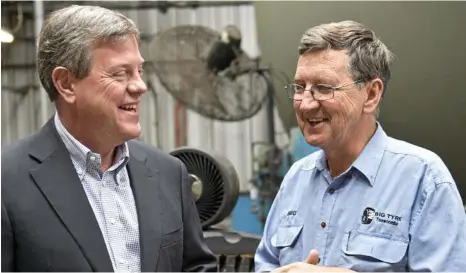  ??  ?? INCENTIVES NEEDED: Toowoomba business owner Bruce Louden, whose tyre vulcanisat­ion business has seen massive power prices, was visited by Opposition Leader Tim Nicholls yesterday. PHOTO: NEV MADSEN