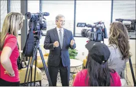  ?? TOM MCCARTHY JR. / FOR AMERICAN-STATESMAN ?? Mayor Steve Adler speaks to reporters Wednesday after speaking to the Austin Board of Realtors about the “myths” and “incorrect assertions” being promulgate­d over the city’s proposed $720 million transporta­tion bond issue. The mayor added that such...