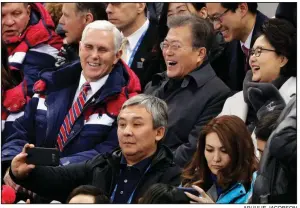  ?? AP/JULIE JACOBSON ?? Vice President Mike Pence and South Korean President Moon Jae-in watch the women’s Olympic 500-meter short-track speedskati­ng Saturday at the Gangneung Ice Arena in Gangneung, South Korea.