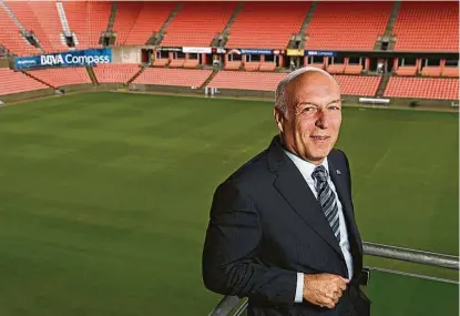  ?? James Nielsen / Houston Chronicle ?? Chairman and CEO Manolo Sánchez, at BBVA Compass Stadium, says the bank has a “flagship commitment to Houston.”