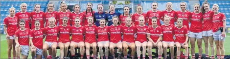  ?? (Photo: Ramsey Cardy/Sportsfile) ?? The Cork panel before last Saturday’s Lidl Ladies Football National League Division 1 final versus Dublin at Croke Park in Dublin. The team included Fermoy’s Ashling Hutchings (No 6 back row), Sarah Murphy (Bride Rovers No 16), Katie Quirke (Bride Rovers No 22) and Abbey O’Mahony (Glanmire No 28).