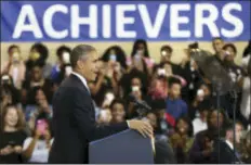  ?? MANUEL BALCE CENETA — THE ASSOCIATED PRESS ?? President Barack Obama speaks to students, teachers and invited guests at Benjamin Banneker Academic High School in Washington, Monday to highlight the progress his administra­tion has made over the last eight years to improve education across the...