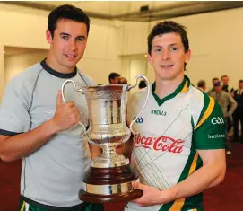  ??  ?? Galway duo Finian Hanley and Michael Meehan celebrate after winning the 2008 Internatio­nal Rules Series. Neither are likely to part of the county panel next year