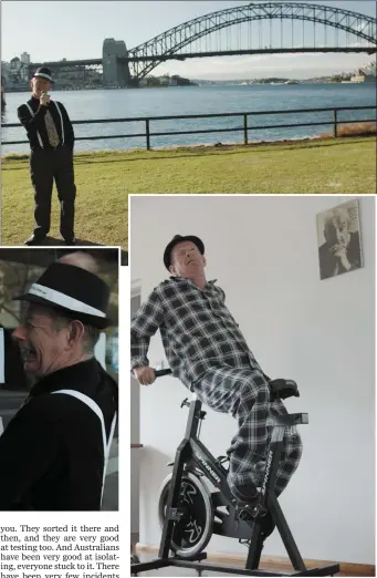  ??  ?? John B looking down as David demonstrat­es his skills on the exercise bike; cracking up outside his favourite locked down pub and belting out the Sinatra melody before the Harbour Bridge – just some o fthe funny scenes from the new video.