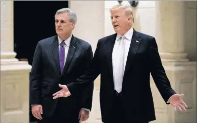  ?? AP PHOTO ?? U.S. President Donald Trump, accompanie­d by House Majority Leader Kevin McCarthy of Calif., speaks to members of the media as they arrive for a dinner at Trump Internatio­nal Golf Club in in West Palm Beach, Fla., Sunday. Trump spent the Martin Luther...