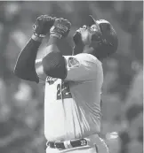  ?? CHARLES KRUPA /AP ?? Minnesota Twins’ Miguel Sano celebrates after his solo home run off Boston Red Sox starting pitcher Nick Pivetta during the third inning on Wednesday.