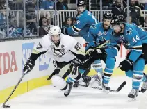  ?? BRUCE BENNETT/GETTY IMAGES ?? Sidney Crosby has no goals and two assists against the Sharks, but he has led by example with his work ethic.