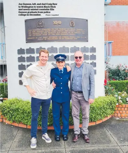  ?? Photo / supplied ?? Joe Gunson, left, and dad Craig flew to Wellington to watch Black Stick and newly minted constable Ella Gunson graduate from police college in December.