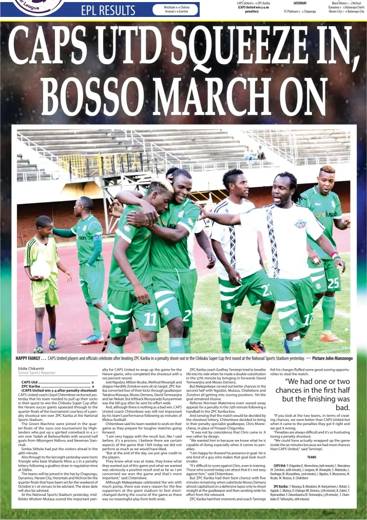  ?? PICTURE JOHN MANZONGO ?? Happy Family... Caps United players and officilas celebrate after beating ZPC kariba in a penalty shoot out in the Chibuku Super Cup first round at the National Sports stadium yesterday.