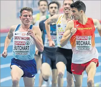  ??  ?? Andrew Butchart on the way to victory in his 3,000m heat in Poland yesterday