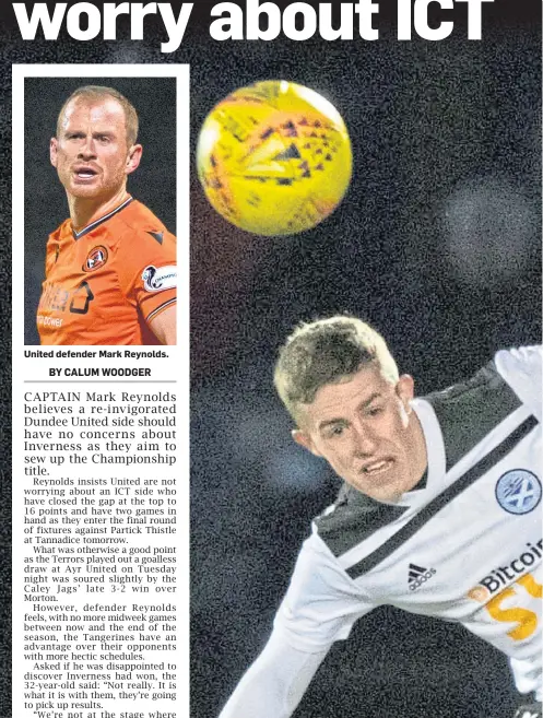  ??  ?? United defender Mark Reynolds.
Dundee United captain Mark Reynolds challenges Ayr’s Luke McCowan