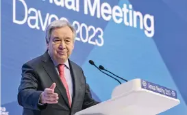  ?? (AFP) ?? UN Secretary-general Antonio Guterres speaks during a session of the World Economic Forum (WEF) in Davos, Switzerlan­d on January 18