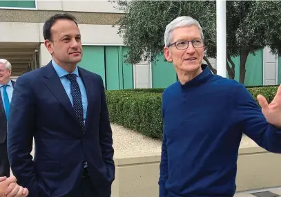  ??  ?? Plans under threat: Taoiseach Leo Varadkar meeting with Apple boss Tim Cook in California