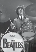  ??  ?? Top: the four band members on stage; above left: Paul McCartney and John Lennon performing; above right: Ringo Starr on drums.