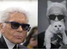  ??  ?? In this file photo taken on February 7, 2014 German fashion designer Karl Lagerfeld poses next to a photo of himself and his cat Choupette during a visit to the workshops that work for Chanel in Pantin, outside of Paris.