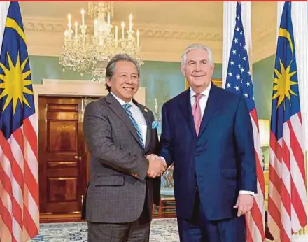  ??  ?? Foreign Minister Datuk Seri Anifah Aman with United States Secretary of State Rex Tillerson at the US State Department in Washington on Tuesday.