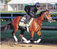  ??  ?? Exercise rider Isabelle Bourez puts Derby hopeful Patch through his morning workout at Churchill Downs.