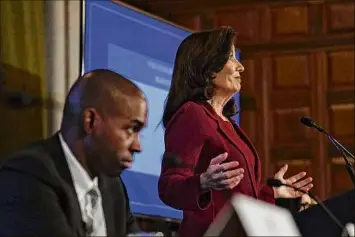  ?? Will Waldron / Times Union ?? Gov. Kathy Hochul presents her 2024 executive budget with Lt. Gov. Antonio Delgado, left, on Feb. 1, during an address before legislativ­e leaders at the state Capitol in Albany.