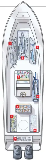  ??  ?? Chilled Out to the Max CLASSIC CONFIGURAT­ION: A coffin box provides abundant cold storage as a built-in, oversize cooler/ seat, top. A box raises on a ram to access gear stowage underneath. Options abound to meet ice and fish storage needs on board. 1 Insulated compartmen­ts ( serve double duty up front. 2 A coffin box provides cold storage abovedecks and gear stowage below. 3 A console built-in cooler or modified storage holds bait or beverages. 4 Stowable fish chiller bags come out when needed. 5 A helm-seat cooler keeps drinks and lunch handy. 6Cockpit compartmen­ts offer gaff-to-ice convenienc­e. 7A transom well holds bait or additional ice.