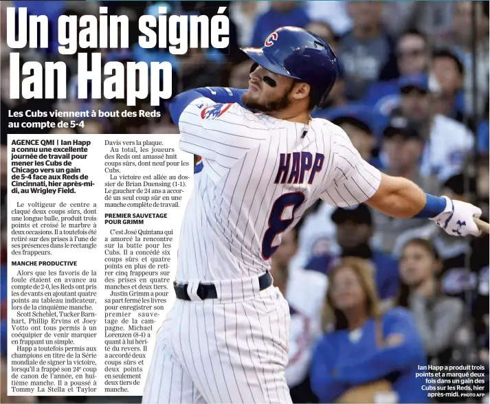  ?? PHOTO AFP ?? Ian Happ a produit trois points et a marqué deux fois dans un gain des Cubs sur les Reds, hier après-midi.