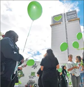  ?? ?? People release balloons at the base of Grenfell Tower in London on third anniversar­y of the fire which claimed 72 lives on June 14, 2017