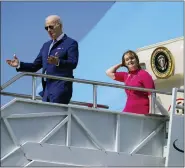  ?? (AP Photo/Patrick Semansky) ?? President Joe Biden steps off Air Force One with Rep. Kathy Castor, D-Fla., Thursday, Feb. 9, 2023, at Tampa Internatio­nal Airport in Tampa, Fla. Biden is visiting Tampa to speak about his administra­tion’s plans to protect Social Security and Medicare and lower healthcare costs.