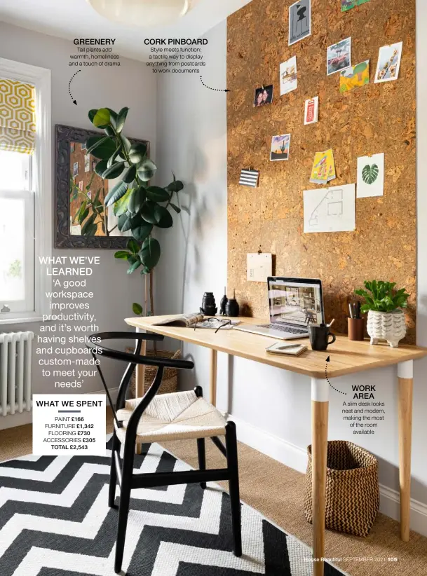  ??  ?? GREENERY Tall plants add warmth, homeliness and a touch of drama
CORK PINBOARD Style meets function: a tactile way to display anything from postcards to work documents
WORK AREA
A slim desk looks neat and modern, making the most of the room available