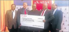  ?? Picture: SUPPLIED ?? TUITION ASSISTANCE: At the handing over of a R4.65-million cheque from the Absa CEO Scholarshi­p Fund that will benefit 60 students were UFH’s Professor Gilingwe Mayende, Absa citizenshi­p manager Andy de la Mare, UFH vice-chancellor Sakhele Buhlungu,...