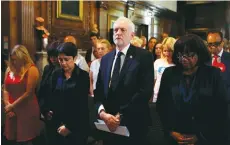  ?? (Reuters) ?? JEREMY CORBYN, the leader of Britain’s opposition Labour Party, observes a minute’s silence last Friday in London for the victims of the terrorist attack on the Manchester Arena.