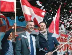  ??  ?? VIENNA: In this May 20, 2016 file photo Norbert Hofer candidate for presidenti­al elections of Austria’s Freedom Party, FPOE, and HeinzChris­tian Strache, from left, head of Austria’s Freedom Party, FPOE, look out at supporters during the final election...