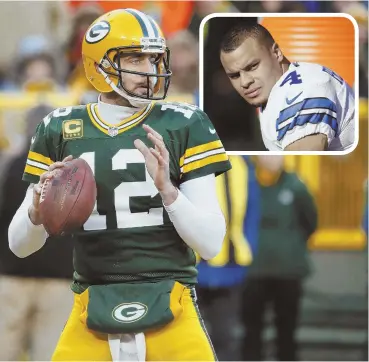  ?? AP PHOTO ?? OPPOSITES ATTACK: It will be the wily veteran — Green Bay quarterbac­k Aaron Rodgers — against the precocious rookie — Dallas’ Dak Prescott, inset — today when the Packers and Cowboys clash at AT&amp;T Stadium for the right to play in the NFC title game.
