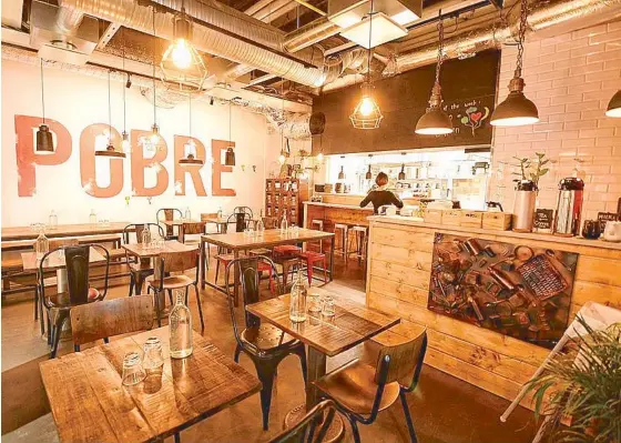  ??  ?? Casual bistro Pobre is located in Helsinki’s Kamppi Shopping Center (right). Innovative takes on traditiona­l Filipino food include (below, from left) beef kansi, bistek ilustrado, vegetable talbos and squash and tofu dumplings.