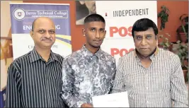  ??  ?? Berea Tech’s Monty Naidoo, left, and Roy Raju welcome Sheldon Munsamy to their college.