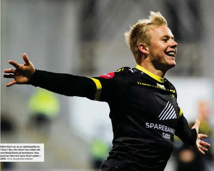  ?? FOTO: BILDBYRÅN NORWAY ?? Elliot Käck var en av nøkkelspil­lerne i Start i fjor. Her feirer han målet sitt mot Bodø/glimt på bortebane. Han kommer ikke til å vaere Start-spiller i 2019.