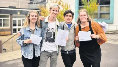  ??  ?? Matilda Read, Joe House, Jude Barr and Chloe Nash receive their results. Right, Harry Penny and Abi Howells, Chloe George and Lucy Martin