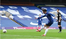  ?? Photograph: Darren Walsh/Chelsea FC/ Getty Images ?? Ben Chilwell shoots and his effort was deflected into the net by Sheffield United’s Oliver Norwood to open the scoring for Chelsea on Sunday.